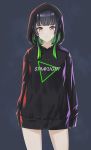  arms_at_sides bangs black_background black_hair black_hoodie black_ribbon blunt_bangs brown_eyes closed_mouth clothes_writing commentary_request cowboy_shot drawstring english_text eyebrows_visible_through_hair gradient_hair green_hair highres hood hood_up idolmaster idolmaster_shiny_colors long_sleeves looking_at_viewer mayuzumi_fuyuko multicolored_hair no_pants ribbon short_hair_with_long_locks sidelocks simple_background sleeves_past_wrists suke_(momijigari) 