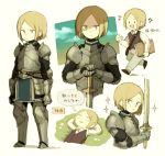  1boy :d arms_behind_head blonde_hair blue_eyes grass holding holding_sword holding_weapon knight lying maniani musical_note on_back open_mouth original plate_armor short_hair simple_background smile sword thought_bubble translated vest weapon |_| 
