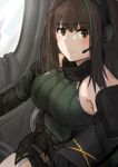  1girl absurdres blush breasts brown_eyes brown_hair closed_mouth eyebrows_visible_through_hair girls_frontline green_shirt headphones highres long_hair looking_at_viewer m4a1_(girls_frontline) medium_breasts shirt sitting solo umber00 