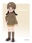  1girl :d absurdres bangs beige_background black_hair blush_stickers boots braid brown_eyes brown_footwear brown_headwear brown_jacket character_name chi-hatan_military_uniform commentary emblem fukuda_(girls_und_panzer) girls_und_panzer glasses gradient gradient_background hand_on_hip helmet highres jacket knee_boots kumaji_(kumazidayo) long_hair long_sleeves looking_at_viewer military military_uniform miniskirt open_mouth pleated_skirt round_eyewear skirt smile solo standing twin_braids twintails twitter_username uniform yellow_skirt 