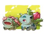  ^_^ blush bulbasaur claws closed_eyes closed_mouth commentary_request fangs flower full_body gen_1_pokemon happy highres ivysaur looking_at_another no_humans open_mouth pink_flower pokemon pokemon_(creature) taisa_(lovemokunae) tongue two-tone_background 