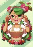  1girl :d absurdres adjusting_eyewear bangs bespectacled blush bounsweet collarbone commentary_request eyelashes fingernails flower gen_7_pokemon glasses green_background green_eyes green_hair hairband hands_up highres long_hair looking_at_viewer mallow_(pokemon) open_mouth orange_flower overalls pink-framed_eyewear pokemon pokemon_(anime) pokemon_(creature) pokemon_sm_(anime) red_flower short_sleeves smile swept_bangs taisa_(lovemokunae) tongue twintails 