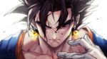  1boy black_eyes black_hair blood blood_on_face closed_mouth dated dragon_ball dragon_ball_z earrings gloves glowing hair_over_one_eye injury jewelry male_focus signature sinsin12121 solo spiky_hair twitter_username upper_body vegetto white_gloves 