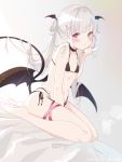  1girl bare_shoulders barefoot bed bikini black_bikini black_choker blush choker closed_mouth collarbone commentary_request demon_girl demon_tail demon_wings flat_chest hair_ornament hairpin head_wings heterochromia highres leg_ribbon looking_at_viewer machi_futo micro_bikini navel on_bed original pink_eyes pink_ribbon pointy_ears ribbon silver_hair sitting solo stomach swimsuit tail twintails wariza wings yellow_eyes 