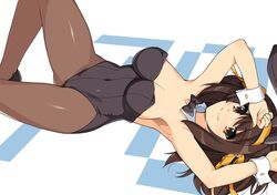  1girl animal_ears armpits breasts brown_eyes brown_hair bunnysuit covered_navel fake_animal_ears hair_ribbon haruhisky large_breasts lying on_back pantyhose rabbit_ears ribbon shoes short_hair sleeve_cuffs smile solo suzumiya_haruhi suzumiya_haruhi_no_yuuutsu yellow_ribbon 