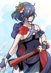  1girl blue_hair braid closed_mouth crown_braid fingerless_gloves fire_emblem fire_emblem_awakening fire_emblem_heroes flower gloves hair_flower hair_ornament holding kokomi_(aniesuakkaman) lucina lucina_(fire_emblem) marth_(fire_emblem_awakening) mask see-through smile solo 