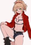  1girl bangs belt blonde_hair boots braid breasts denim denim_shorts eyebrows_visible_through_hair fate/apocrypha fate/grand_order fate_(series) green_eyes hair_ornament hair_scrunchie jacket jewelry looking_at_viewer midriff mordred_(fate) mordred_(fate)_(all) namahamu_(hmhm_81) navel necklace ponytail red_scrunchie scrunchie shorts small_breasts smile solo 
