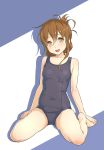  1girl blue_background blue_swimsuit breasts brown_eyes brown_hair collarbone eyebrows_visible_through_hair folded_ponytail full_body hair_between_eyes highres inazuma_(kantai_collection) kantai_collection long_hair looking_at_viewer mujuuryoku_kantai old_school_swimsuit one-piece_swimsuit open_mouth school_swimsuit shadow small_breasts smile solo swimsuit two-tone_background white_background 