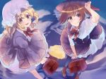  2girls adapted_costume black_legwear black_skirt blonde_hair dress fedora hat haya_taro_pochi holding holding_clothes holding_hat looking_at_viewer maribel_hearn mob_cap moon_reflection multiple_girls purple_dress reflective_floor shirt skirt touhou usami_renko white_shirt 