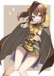  1girl breastplate brown_eyes brown_hair cape delthea_(fire_emblem) dress fire_emblem fire_emblem_echoes:_shadows_of_valentia hako_momiji highres open_mouth ponytail short_dress simple_background solo 