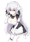  1girl absurdres alternate_costume apron black_dress breasts dragon_girl dragon_horns dress elbow_gloves enmaided fate/grand_order fate_(series) gloves highres horns kiyohime_(fate/grand_order) large_breasts leg_garter long_hair maid maid_apron maid_dress maid_headdress mikan_houri multiple_horns red_eyes short_dress sleeveless sleeveless_dress solo thigh-highs waist_apron white_apron white_gloves white_hair white_legwear 