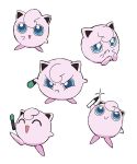  :&gt; angry arm_up blue_eyes closed_mouth gen_1_pokemon hand_up holding holding_pen jigglypuff looking_up multiple_views no_humans open_mouth outstretched_arms pen pokemon pokemon_(creature) sparkle symbol_commentary tearing_up watery_eyes white_background yoko.u 