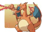  blush breathing_fire carrying charizard charmander closed_eyes commentary_request dragon fangs fire flame gen_1_pokemon hands_up highres no_humans open_mouth pokemon pokemon_(creature) tail taisa_(lovemokunae) tongue wings 