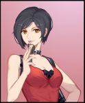 1girl ada_wong black_hair breasts brown_eyes choker highres holding holding_eyewear looking_at_viewer moliai resident_evil resident_evil_4 short_hair small_breasts solo sunglasses 