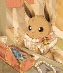  :o against_glass bell black_eyes blush bow casket commentary_request eevee fur gen_1_pokemon glass jewelry looking_at_object matsuri_(matsuike) necklace paper paws pearl_necklace pokemon pokemon_(creature) stone 