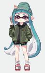  1girl aqua_hair bangs beanie black_shirt black_shorts blunt_bangs closed_mouth clothes_writing commentary dolphin_shorts domino_mask food full_body green_headwear green_jacket grey_background hand_in_pocket hat holding holding_food hood hood_down hoodie inkling inkling_(language) jacket logo long_hair long_sleeves looking_at_viewer maco_spl mask open_clothes open_jacket pointy_ears popsicle red_footwear sandals shirt short_shorts shorts simple_background smile socks solo splatoon_(series) symbol_commentary tentacle_hair very_long_hair violet_eyes white_legwear zipper 