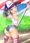  1girl absurdres armpits ass bangs baseball_cap blue_sky breasts brown_hair bush clouds day denim denim_shorts english_text flag hat heart highres holding holding_flag looking_at_viewer midriff_peek ninyo_(user_pddg5877) open_mouth original outdoors ponytail running short_shorts shorts sideboob sidelocks sky small_breasts smile solo striped striped_legwear tank_top thigh-highs thighs track_and_field white_tank_top yellow_eyes 
