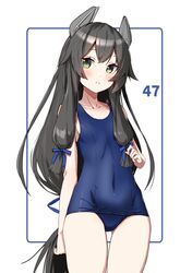  1girl absurdres black_hair blue_swimsuit character_name collarbone cowboy_shot flat_chest green_eyes hair_ribbon highres i-47_(kantai_collection) kantai_collection long_hair low-tied_long_hair parted_lips ribbon school_swimsuit shirt skirt sleeveless solo swimsuit takanashi_kei_(hitsujikan) thigh_gap tress_ribbon white_background 