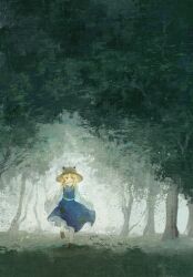  1girl animal_print ankle_socks arms_at_sides blonde_hair blue_skirt blue_vest brown_footwear brown_hat canopy_(forest) commentary day fog forest frog_print full_body ge_dazuo hair_ribbon hat highres loafers long_sidelocks medium_hair medium_skirt moriya_suwako nature outdoors parted_bangs parted_lips red_ribbon ribbon scenery shirt shoes sidelocks sideways_glance skirt skirt_set socks solo standing standing_on_one_leg sun_hat touhou tree turtleneck turtleneck_shirt very_long_sleeves vest white_shirt white_socks wide_shot wide_sleeves yellow_eyes 