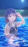  1girl black_hair fukahire_(ruinon) looking_at_viewer medium_hair open_mouth original partially_submerged red_eyes see-through shirt smile solo tank_top wet wet_clothes wet_shirt 