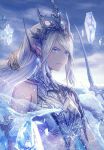  1girl anbe_yoshirou armor blue_eyes clouds cloudy_sky final_fantasy final_fantasy_xvi highres ice long_hair looking_to_the_side pale_skin pointy_ears serious shiva_(final_fantasy) silver_hair sky solo tiara upper_body very_long_hair 