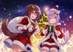  2girls :3 ahoge animal_ear_fluff animal_ears bangs bell belt black_belt blurry blurry_background blush bone_hair_ornament bow box brown_eyes brown_hair capelet cartoon_bone cat_ears cat_girl cat_tail christmas christmas_lights christmas_tree commentary cowboy_shot dog_ears dog_tail dot_nose dutch_angle eyebrows_visible_through_hair fang fangs fukahire_(ruinon) fur-trimmed_headwear fur_trim gift gift_bag gift_box green_bow hair_bell hair_between_eyes hair_ornament hairclip hat holding holding_gift hololive inugami_korone long_hair looking_at_viewer looking_back low_twin_braids multiple_girls nail_polish nekomata_okayu night o-ring_belt open_mouth outdoors over_shoulder plaid_capelet pom_pom_(clothes) purple_hair red_capelet santa_costume santa_dress santa_hat short_hair shorts snow sparkling_eyes star_(symbol) star_hair_ornament tail thigh-highs violet_eyes virtual_youtuber yellow_nails 