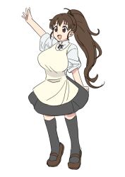 1girl :d ahoge apron arm_up black_skirt black_socks blue_ribbon breasts brown_eyes brown_footwear brown_hair clenched_hand collar dot_nose eyelashes full_body huge_breasts k_w_z neck_ribbon open_hand open_mouth ponytail ribbon shirt short_sleeves simple_background skirt smile socks solo taneshima_popura teeth thigh-highs upper_teeth_only waitress wavy_hair white_background white_collar white_shirt working!! yellow_apron zettai_ryouiki 