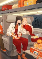  1other animal_print bear_print black_hair blonde_hair box chinese_new_year couple feeding food fork fruit gift gift_box highres holding holding_fork incoming_food long_hair mandarin_orange medium_hair orange_(fruit) panda_print qiu_tong sitting sq_(series) suitcase sun_jing takeout_container tanjiu train_interior window yuri 