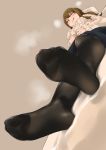  1girl absurdres alice_gear_aegis bed brown_hair feet fukuinu highres legs long_hair oozeki_koyui pantyhose simple_background sleeping soles solo sweater 