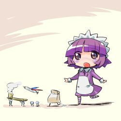  1girl :o apron artist_request bag blush chibi collared_dress dress futaba_channel horizontal-striped_thighhighs joint_(drug) leg_up long_sleeves maid maid_headdress multicolored_eyes nijiura_maids no_nose open_mouth paper_bag pill purple_dress purple_hair rainbow_eyes short_hair smoke smoking_pipe striped_clothes striped_thighhighs syringe thigh-highs third-party_source white_apron white_sleeve_cuffs yakui zettai_ryouiki 