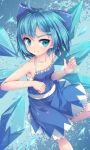 1girl adapted_costume blue_background blue_bow blue_dress blue_eyes blue_hair bow cirno collarbone dress eyebrows_visible_through_hair feet_out_of_frame hair_bow halterneck highres ice ice_wings sleeveless sleeveless_dress smirk solo touhou uumaru wings 