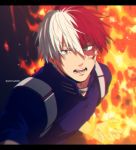  1boy blue_eyes blue_jacket blurry boku_no_hero_academia burn_scar commentary_request depth_of_field fire grey_eyes hair_between_eyes heterochromia jacket letterboxed looking_at_viewer male_focus mashima_shima multicolored_hair open_mouth redhead scar short_hair solo teeth todoroki_shouto twitter_username two-tone_hair upper_body v-shaped_eyebrows white_hair 