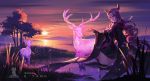  1girl absurdres antlers arknights copyright_name deer gitano_(arknights) grass highres horns li_zao logo long_hair outdoors purple_hair sunset thigh_strap tree violet_eyes wading water wide_sleeves wristband 