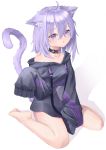  1girl absurdres animal_ears barefoot cat_ears collar highres hololive hood hoodie nanome_to nekomata_okayu purple_hair short_hair simple_background solo tail thighs violet_eyes 
