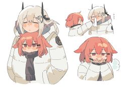  >_< 2girls =_= absurdres animal_ears arknights black_horns blowing_nose blush_stickers brown_scarf chinese_commentary closed_eyes closed_mouth cold commentary_request cropped_torso crownslayer_(arknights) dopperu_ben flying_sweatdrops grey_hair grey_jacket hair_between_eyes hair_ornament hairclip hands_in_pockets highres holding_napkin horns jacket long_sleeves medium_hair multiple_girls napkin no_mouth outstretched_arm profile red_eyes red_hair scarf shared_clothes shared_coat short_hair simple_background sleeves_past_wrists white_background winter_clothes 