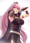  1girl absurdres armband armpits bangs belt black_dress black_nails blunt_bangs breasts dress eyebrows_visible_through_hair gem highres hololive hololive_english large_breasts long_hair looking_at_viewer microphone mori_calliope music open_mouth pink_eyes pink_hair rapping shoulder_spikes simple_background singing solo spikes tfqr veil virtual_youtuber white_background 