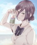  1girl black_hair black_ribbon blush bottle chainsaw_man closed_mouth collared_shirt green_eyes hair_between_eyes hair_bun highres holding holding_bottle looking_at_viewer medium_hair reze_(chainsaw_man) ribbon shirt short_sleeves solo toukaairab upper_body water_bottle white_shirt 