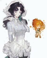  2girls :d absurdres anjo_nala black_hair blood blood_on_face blood_on_hands chibi chibi_inset coif corset food fruit full_body gloves green_gloves hand_on_own_cheek hand_on_own_face hand_on_own_hip hand_up hat highres long_hair looking_at_viewer lopera_(reverse:1999) multiple_girls neckerchief one_side_up orange_(fruit) orange_eyes orange_hair parted_bangs pinstripe_pattern pinstripe_shirt reverse:1999 sandals shirt skirt smile sparkle standing striped_clothes striped_shirt upper_body vertical-striped_clothes vertical-striped_shirt violet_eyes weiyan_(nbnbmwnl) white_background white_corset white_hat white_neckerchief white_shirt white_skirt 
