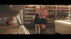  1girl 2girls absurdres basket black_border black_footwear black_skirt black_socks blue_eyes blue_skirt blurry blurry_foreground bocchi_the_rock! border bottle bow bowtie box breasts brown_sweater_vest can commentary_request cube_hair_ornament dated_commentary food gotoh_hitori groceries grocery_store hair_between_eyes hair_ornament higgs1750_(phaesr) highres holding holding_basket holding_box holding_food ijichi_nijika indoors jacket letterboxed loafers long_hair long_sleeves looking_at_object medium_breasts mole mole_under_eye multiple_girls one_side_up open_mouth pink_hair pink_jacket pink_track_suit pleated_skirt polka_dot_bowtie ponytail_with_braided_base red_bow red_bowtie red_eyes refrigerator scenery school_uniform shelf shimokitazawa_high_school_uniform shirt shirt_under_sweater shoes shop shopping shopping_basket side_ponytail skirt socks sweater_vest takeout_container tile_floor tiles track_jacket track_suit very_long_hair white_shirt white_socks 