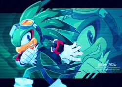  1boy artist_name bird_boy bloo_2024 blue_eyes commentary english_commentary furry furry_male gloves goggles goggles_on_head green_fur highres jet_the_hawk letterboxed male_focus outside_border smile solo sonic_(series) sonic_riders sonic_riders_(series) twitter_username white_gloves zoom_layer 