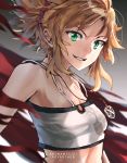 1girl anonamos bangs bare_shoulders blonde_hair braid breasts fate/apocrypha fate/grand_order fate_(series) green_eyes hair_ornament hair_scrunchie highres jewelry looking_at_viewer mordred_(fate) mordred_(fate)_(all) necklace ponytail red_scrunchie scrunchie small_breasts smile solo 