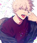  1boy bakugou_katsuki black_jacket blonde_hair blurry boku_no_hero_academia cardigan commentary_request depth_of_field finger_in_mouth fur-trimmed_jacket fur_trim jacket looking_to_the_side male_focus mashima_shima open_clothes open_jacket open_mouth purple_cardigan red_eyes short_hair solo spiky_hair tongue tongue_out triangle twitter_username upper_body upper_teeth v-shaped_eyebrows white_background 