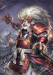  absurdres armor beard brazier facial_hair fire hidezi highres holding holding_weapon huge_filesize japanese_armor long_hair looking_at_viewer male_focus motion_blur mountain outdoors standing takeda_shingen weapon white_hair 