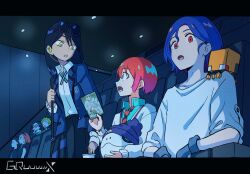  amate_yuzuriha aqua_eyes black_hair blue_hair chair cup disposable_cup drinking_straw gundam gundam_gquuuuuux harp hat highres holding indoors instrument jacket long_hair long_sleeves looking_at_viewer mecha movie_poster movie_theater multicolored_hair multiple_boys multiple_girls nanay0n_74 necktie non-humanoid_robot nyaan_(gundam_gquuuuuux) open_mouth purple_hair red_eyes red_hair robot school_uniform shirt short_hair shuji_ito sitting skirt sweater theater theater_seating watching yellow_eyes 