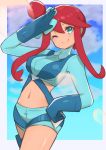  1girl aqua_eyes aqua_shorts blue_gloves blush breasts closed_mouth commentary_request crop_top eyelashes gloves gym_leader hair_ornament hand_on_hip hand_up highres holster long_hair midriff navel nuneno one_eye_closed pokemon pokemon_(game) pokemon_bw redhead salute short_shorts shorts sidelocks skyla_(pokemon) smile solo 