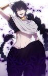  1boy arm_up black_hair black_pants blurry bracelet braid capelet choker commentary_request cowboy_shot crop_top depth_of_field gold_bracelet gold_choker groin hair_between_eyes jewelry judal long_hair looking_at_viewer magi_the_labyrinth_of_magic male_focus mashima_shima navel open_mouth pants red_eyes single_braid smile solo standing stomach teeth toned toned_male twitter_username very_long_hair white_background white_capelet 