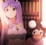  2girls :o ahoge animal_ears arm_up armpits black_hair blush breast_envy breasts carrot commentary highres inaba_tewi large_breasts long_hair multiple_girls purple_hair rabbit_ears reisen_udongein_inaba shirosato sweatdrop symbol_commentary touhou 
