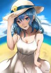  1girl artist_name bare_shoulders beach blue_eyes blue_hair breasts cherre_(jerre-david13579) clouds collarbone dress eyebrows_visible_through_hair fisheye hat highres hololive hoshimachi_suisei long_hair looking_at_viewer medium_breasts no_bra open_mouth sky smile solo sun_hat sundress virtual_youtuber 