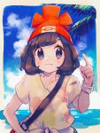  1girl bag beanie black_hair blue_eyes bracelet closed_mouth clouds commentary_request day hand_on_hip hand_up hanenbo hat highres index_finger_raised jewelry outdoors palm_tree pokemon pokemon_(game) pokemon_sm red_headwear selene_(pokemon) shirt short_sleeves shoulder_bag sky smile solo tied_shirt tree upper_body 
