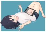  1girl 1ssakawaguchi absurdres bangs bare_legs barefoot black_hair border commentary_request drawing_tablet eyebrows_visible_through_hair green_background highres holding holding_pen knees_up looking_at_viewer lying original outside_border panties pen shirt short_shorts shorts soolo translation_request underwear v white_border white_shirt 